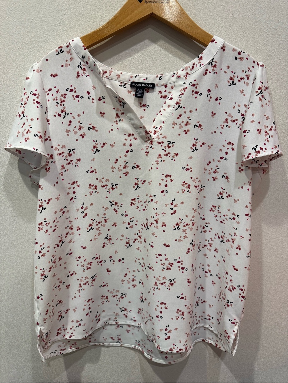 Hilary Radley White Short Sleeve V-Neck Top with Red Floral Print